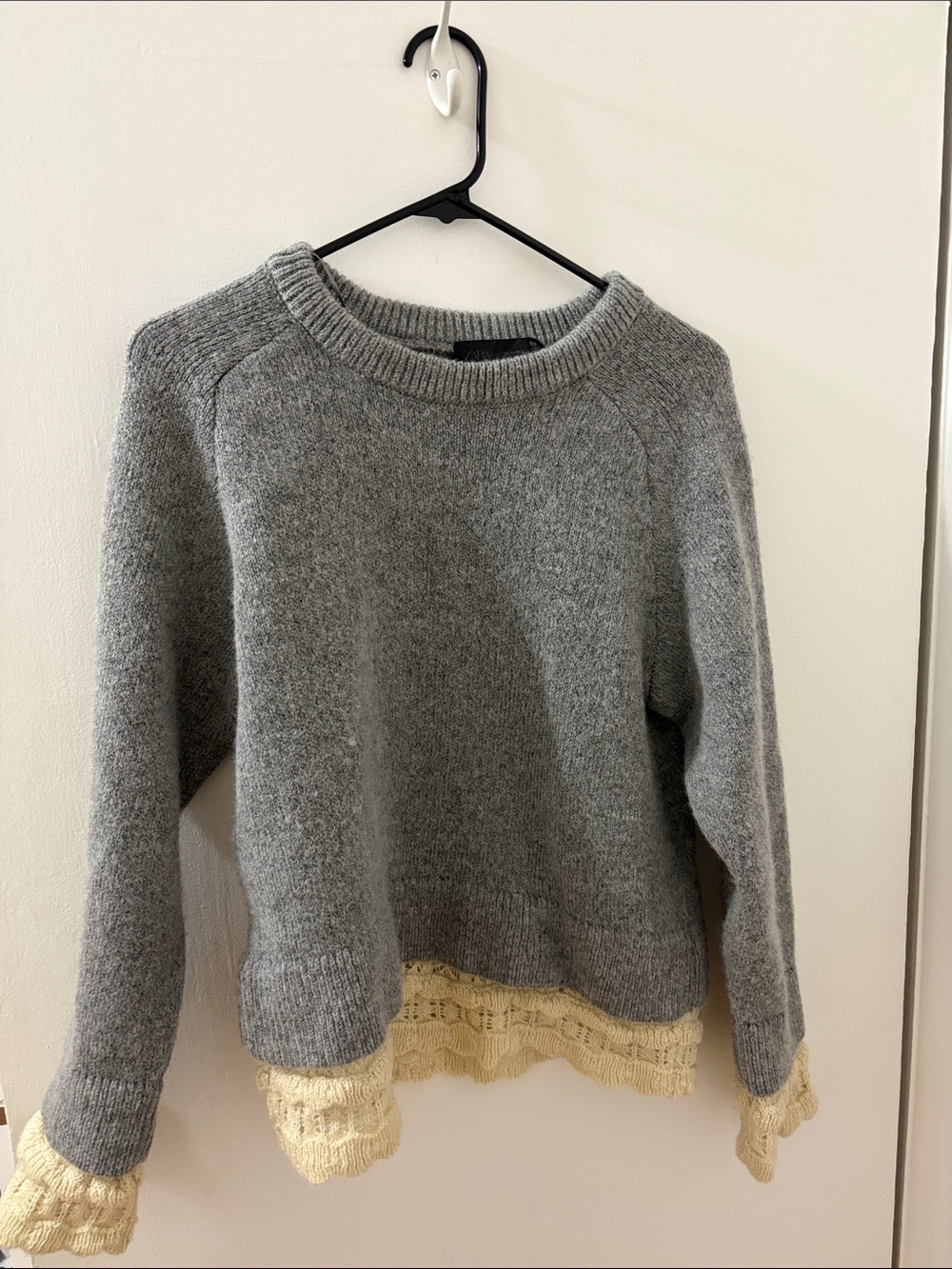 Zara Gray Crewneck Sweater with Cream Lace Hem